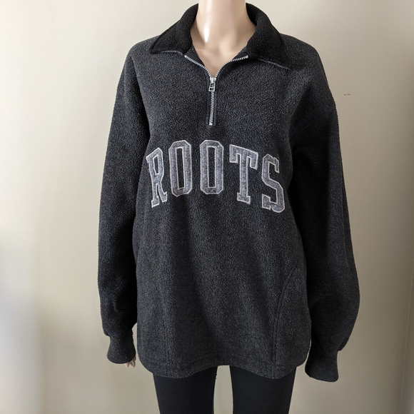 Roots Other - Vintage Roots Fleece Embroidered 1/4 ZipBlack Sweater, Men's Oversized Small